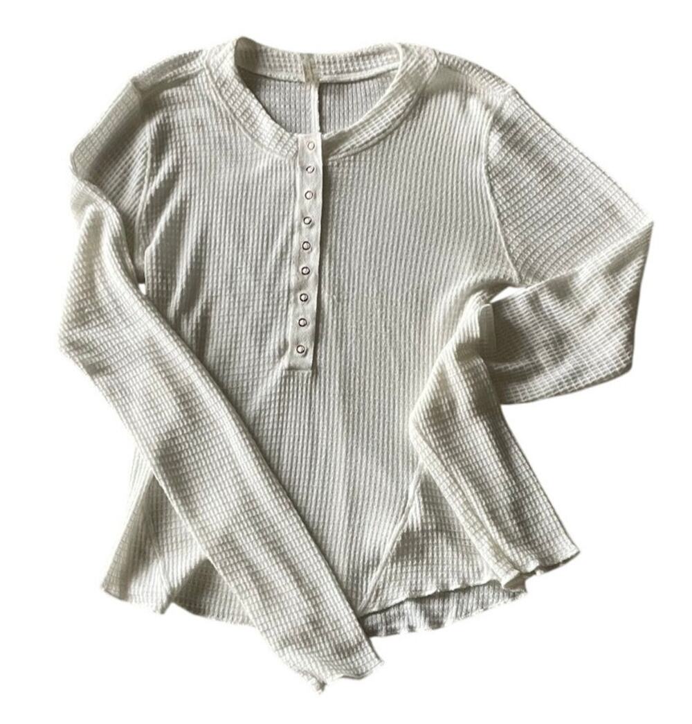 Free People White Henley Thermal Snap button Shirt Womens Medium Waffle Knit